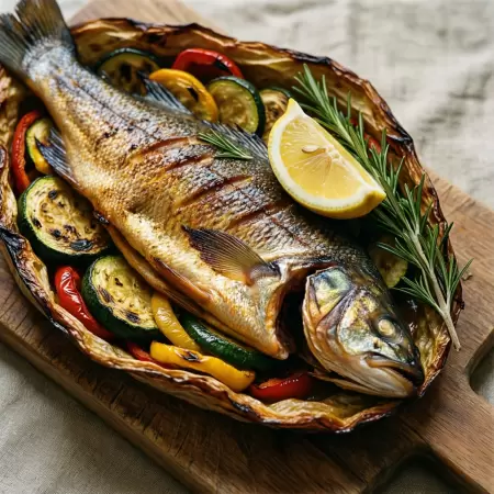 Форель, запечённая в овощном кармане с лимоном и розмарином